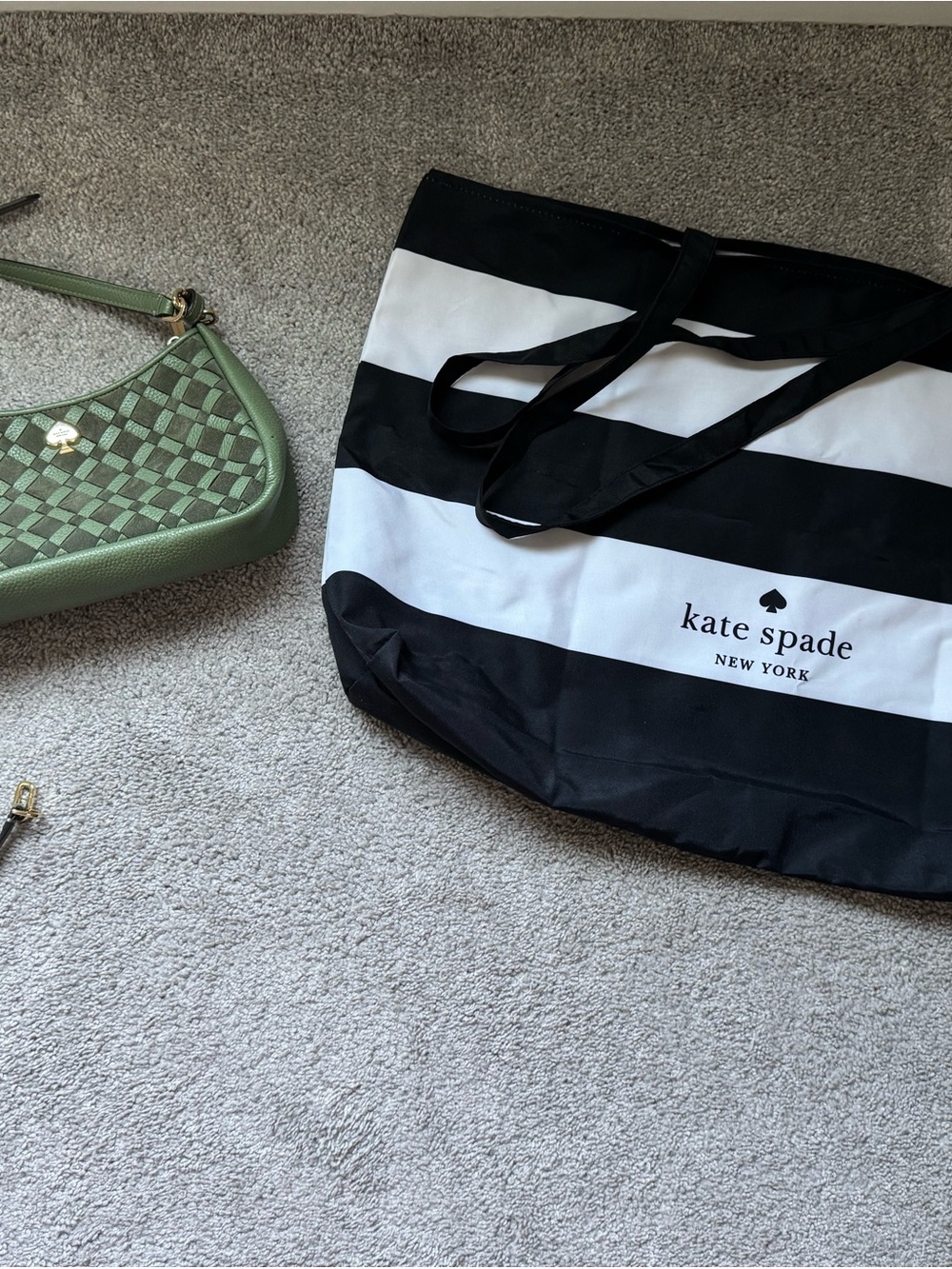Kate Spade Sage Green Woven Bag & GWP Black & White Striped Tote Bag